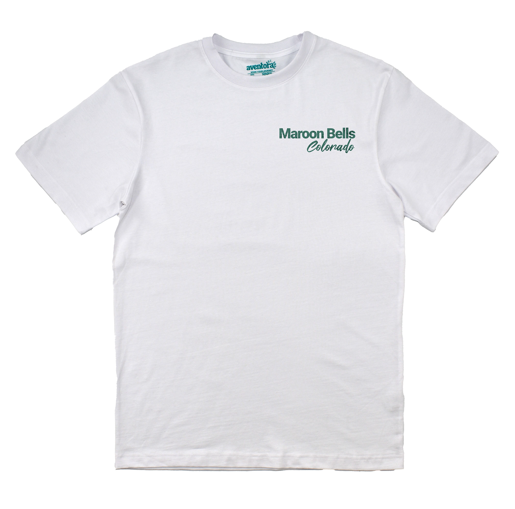 White t-shirt with 'Maroon Bells Colorado' text on a white background