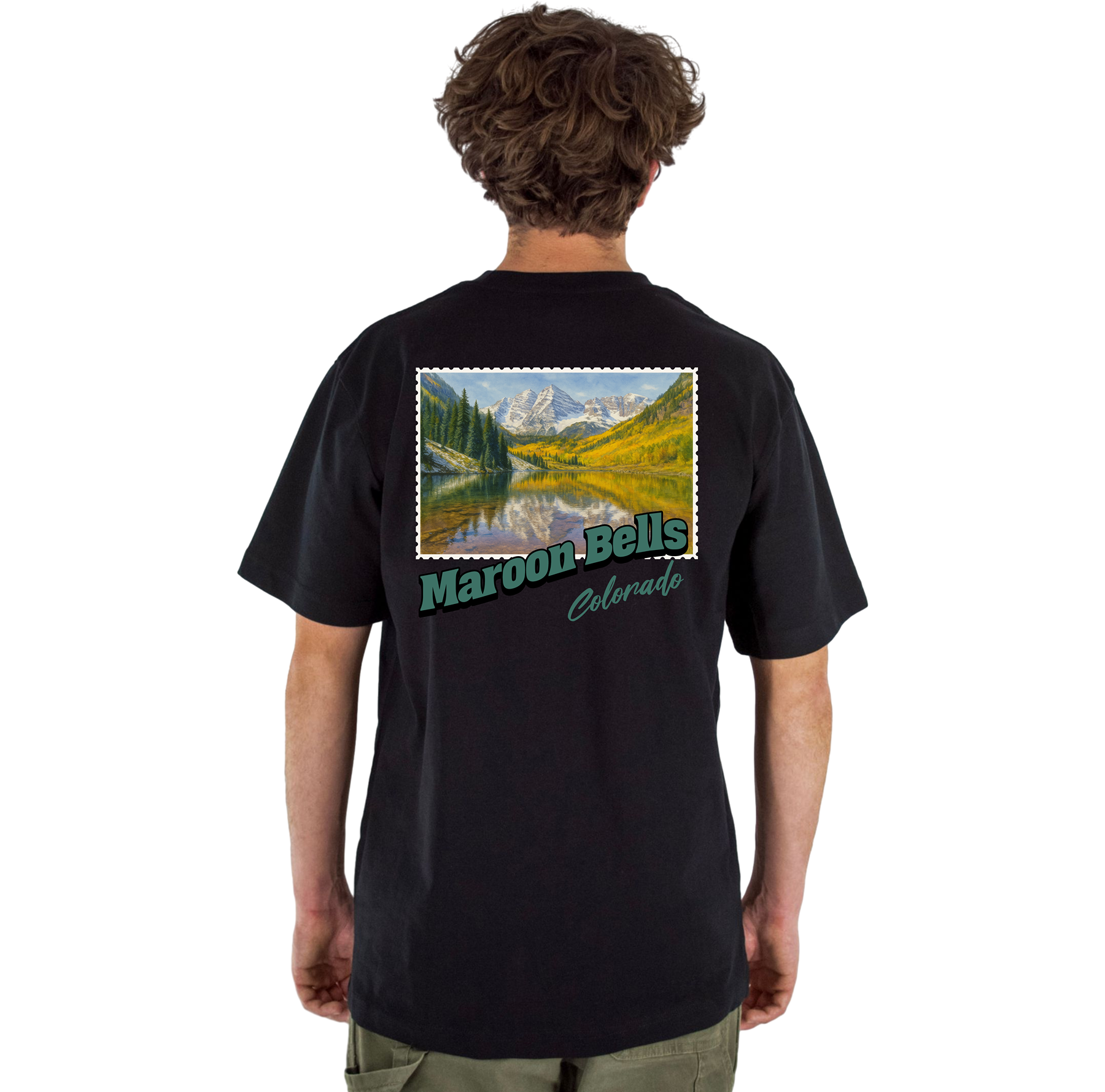 Person wearing a black t-shirt with a scenic print and 'Maroon Bells Colorado' text on the back.