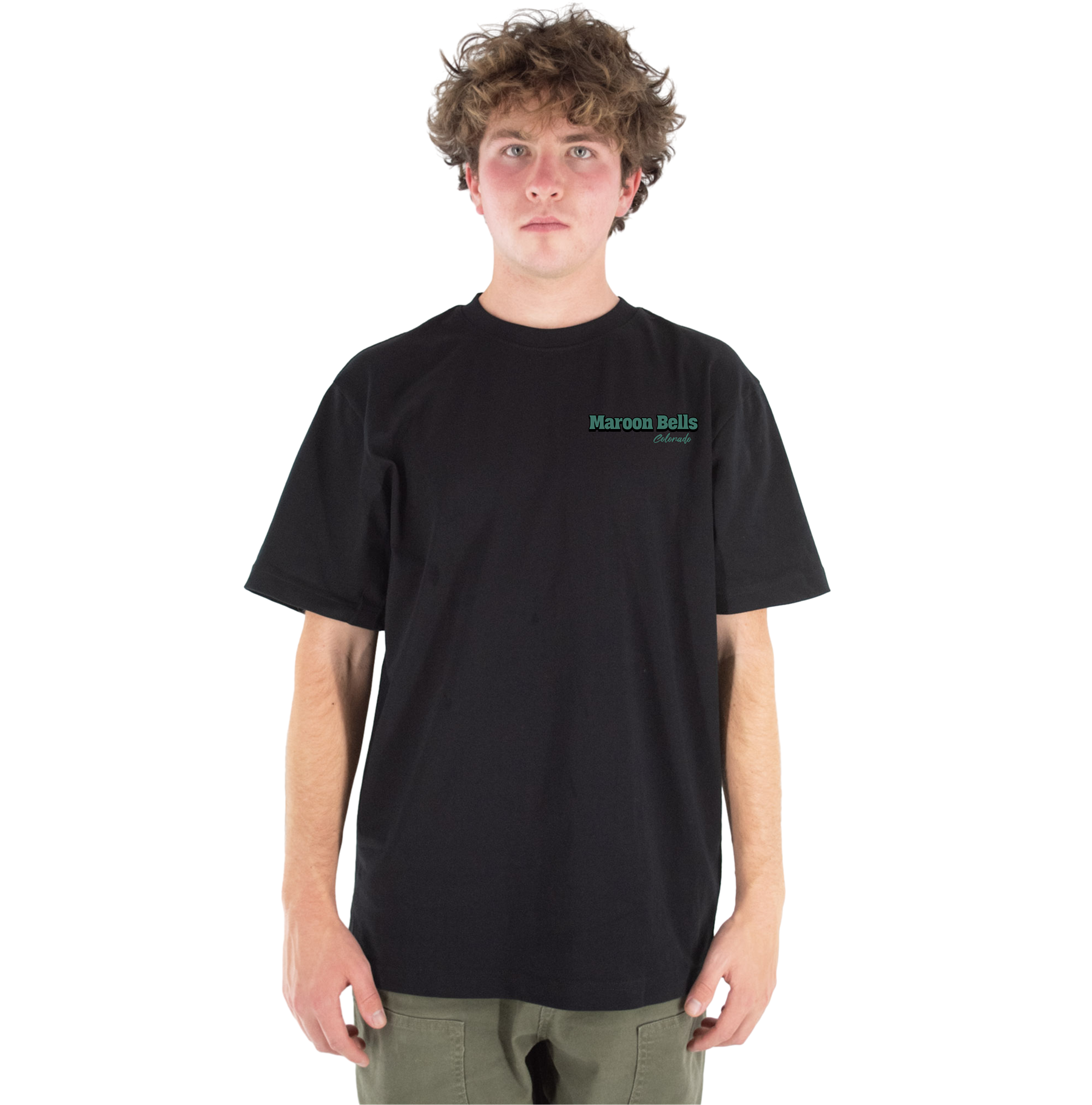 Person wearing a black t-shirt with a logo of "Maroon Bells, Colorado" on a white background