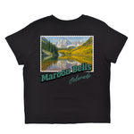 Black t-shirt with a scenic print of 'Maroon Bells, Colorado' on a white background
