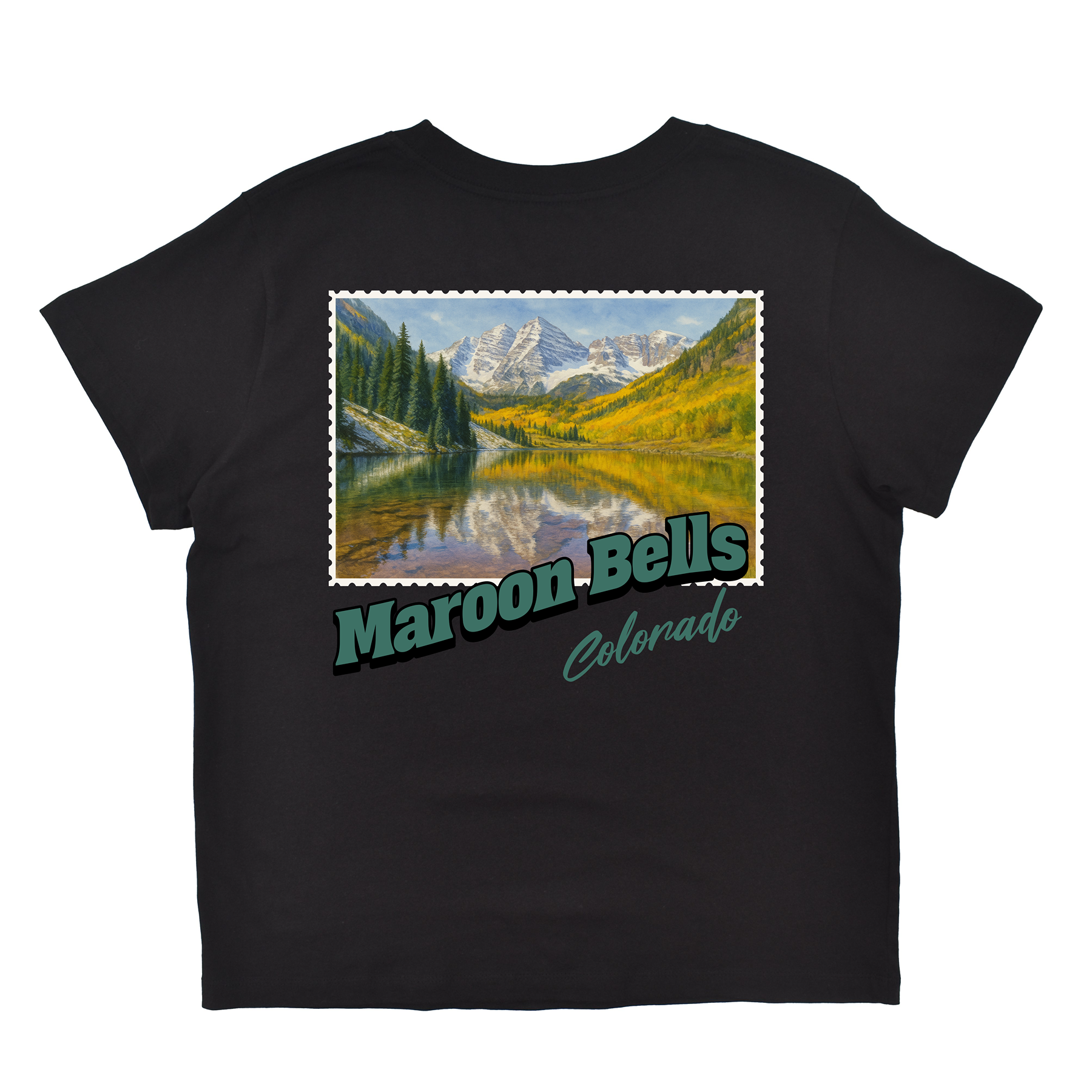 Black t-shirt with a scenic print of 'Maroon Bells, Colorado' on a white background