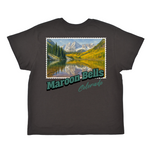 Black t-shirt with a graphic of Maroon Bells, Colorado on a white background