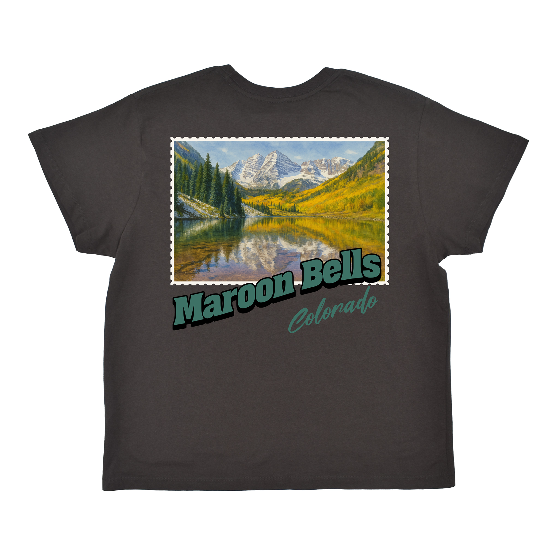 Black t-shirt with a graphic of Maroon Bells, Colorado on a white background