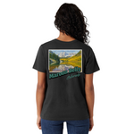 Person wearing a black t-shirt with a scenic print and 'Maroon Bells Colorado' text on the back.