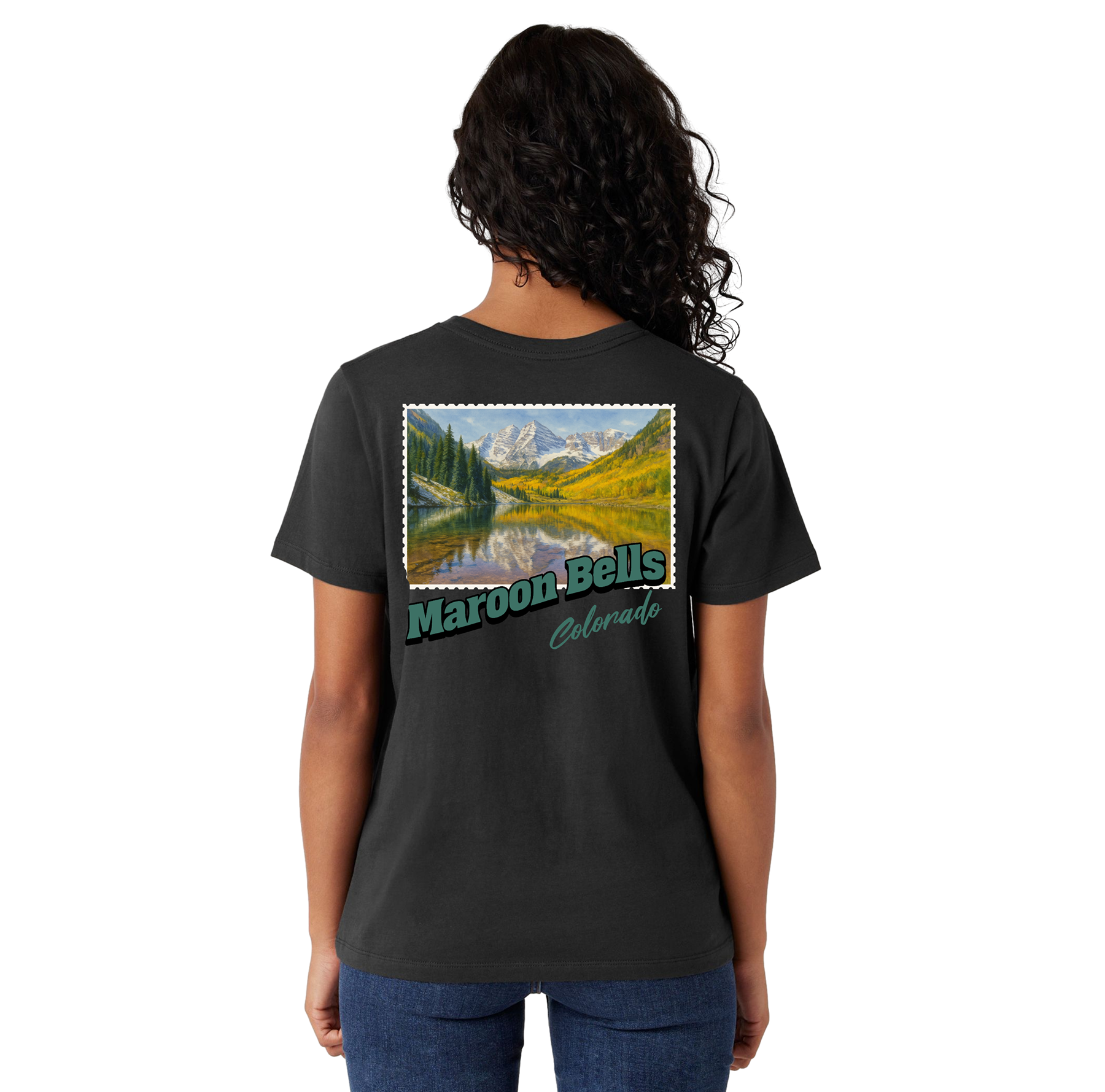 Person wearing a black t-shirt with a scenic print and 'Maroon Bells Colorado' text on the back.