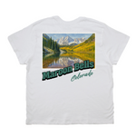 White t-shirt with a scenic print of Maroon Bells, Colorado on a white background