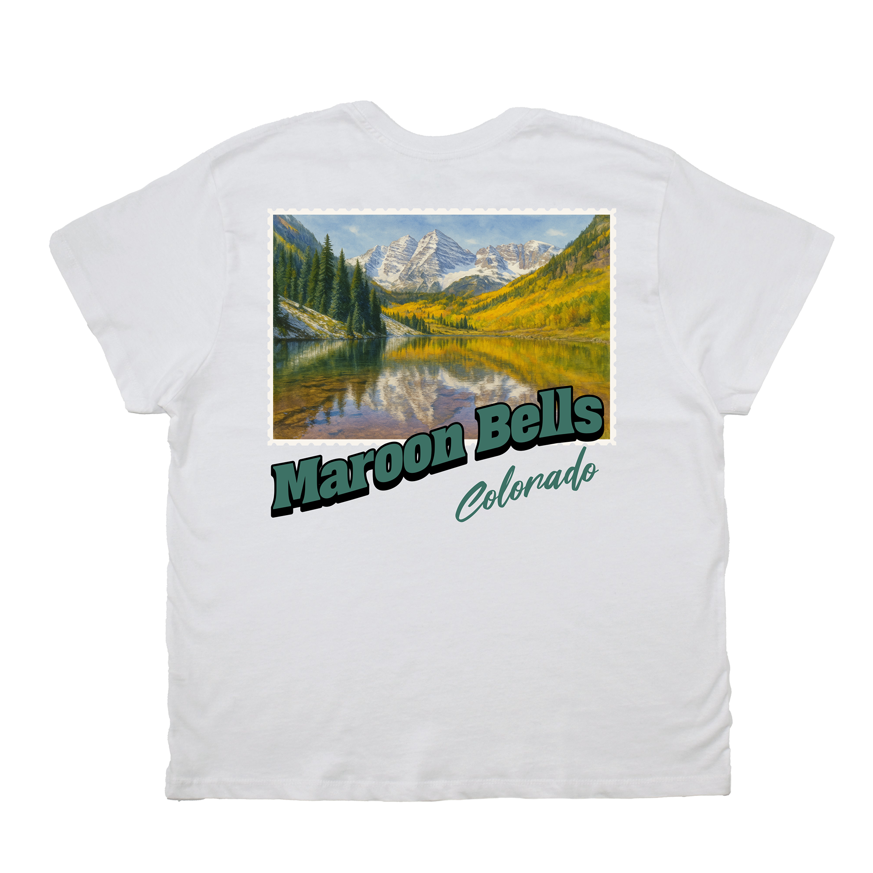 White t-shirt with a scenic print of Maroon Bells, Colorado on a white background