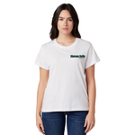 Woman wearing a white t-shirt with a logo on a white background