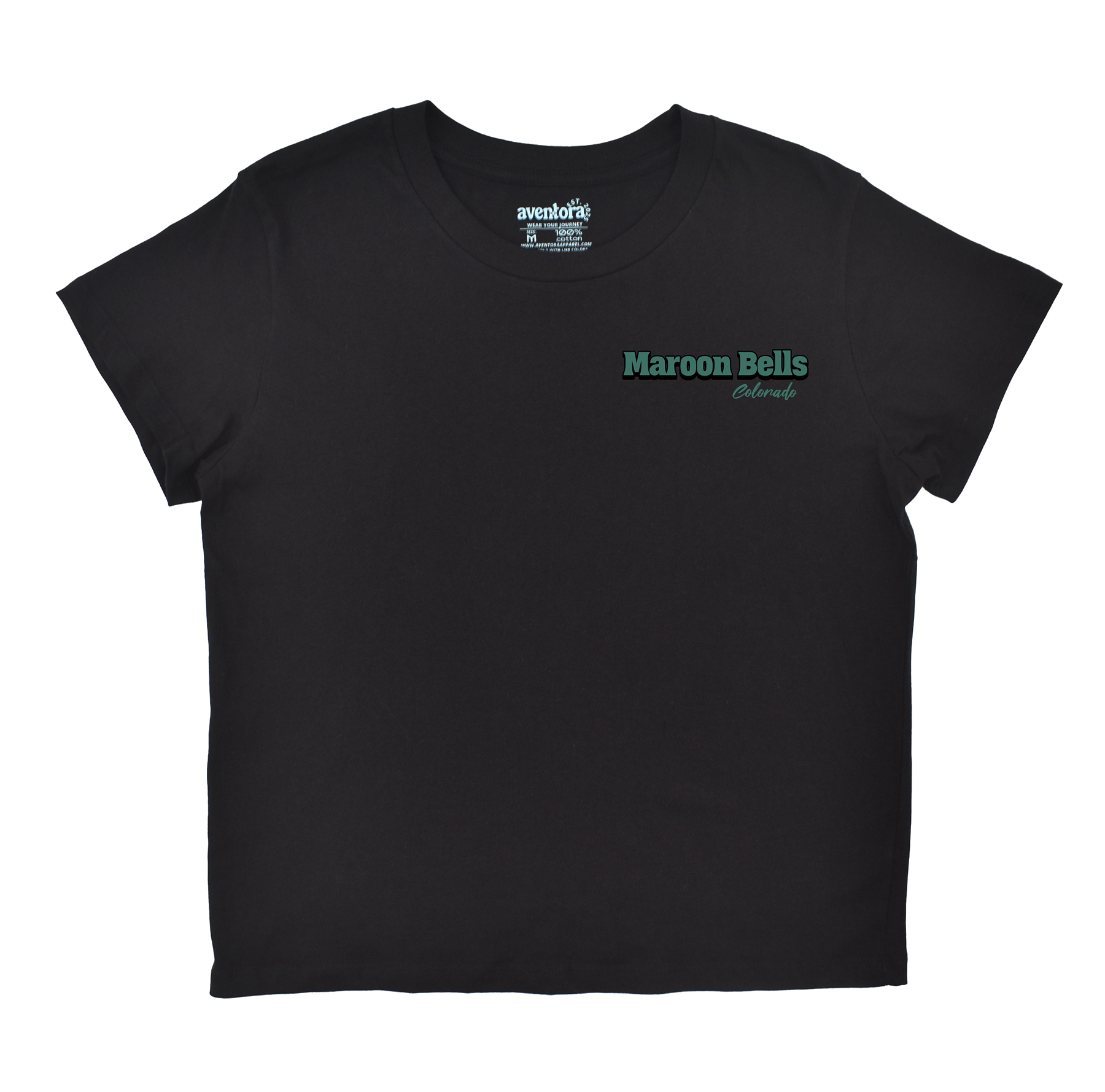 Black t-shirt with 'Maroon Bells' text on a white background