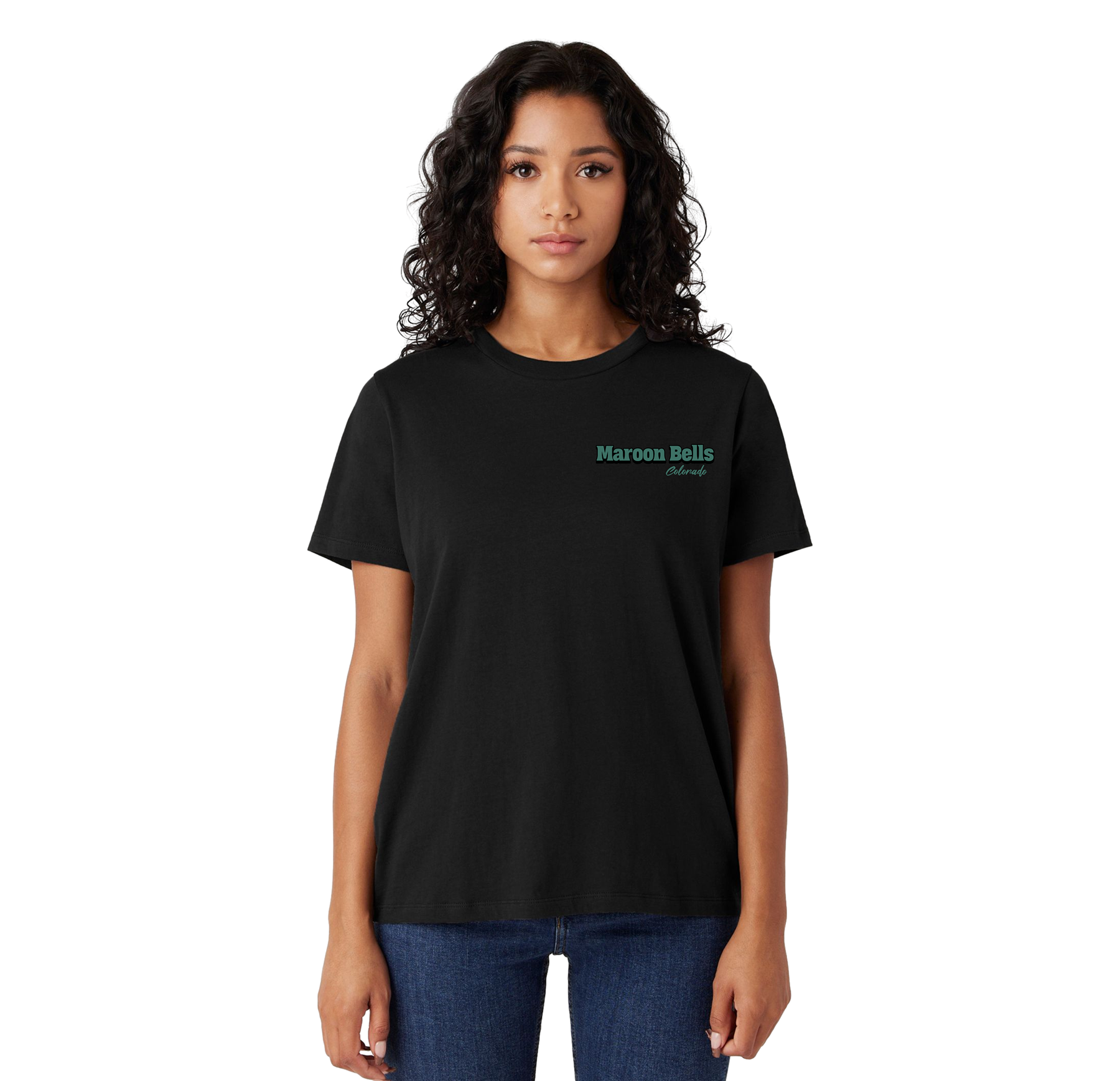 Person wearing a black t-shirt with 'Maroon Bells' logo on a white background