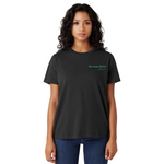 Woman wearing a black t-shirt with a logo on a white background