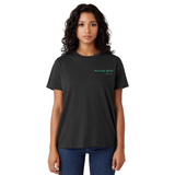 Woman wearing a black t-shirt with a logo on a white background