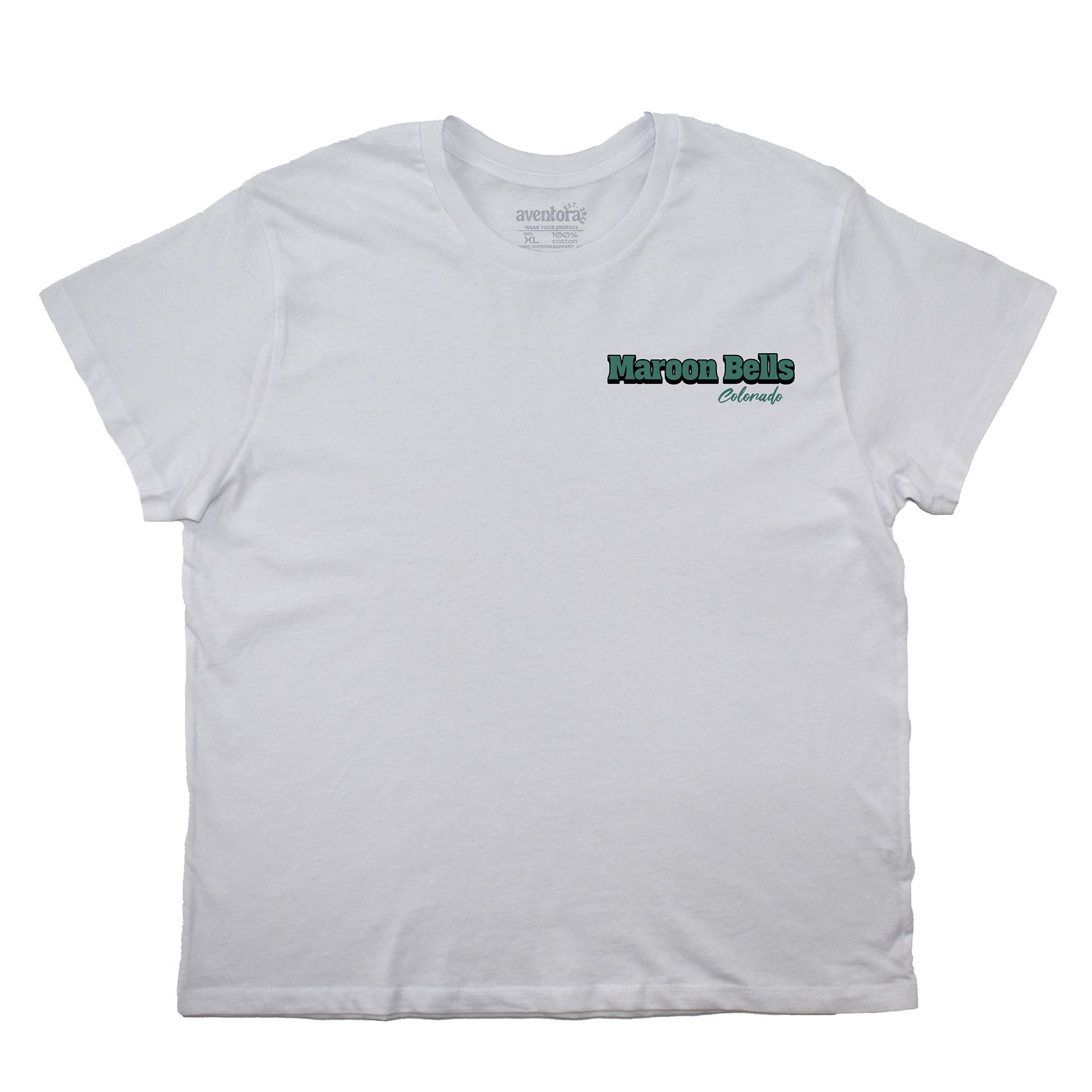 White t-shirt with 'Maroon Bells Colorado' text on a white background