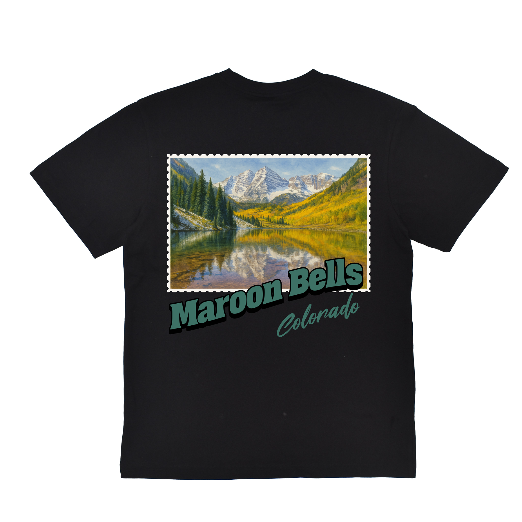 Black t-shirt with a scenic print of 'Maroon Bells, Colorado' on a white background