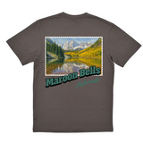 Gray t-shirt with a graphic of Maroon Bells, Colorado on a white background