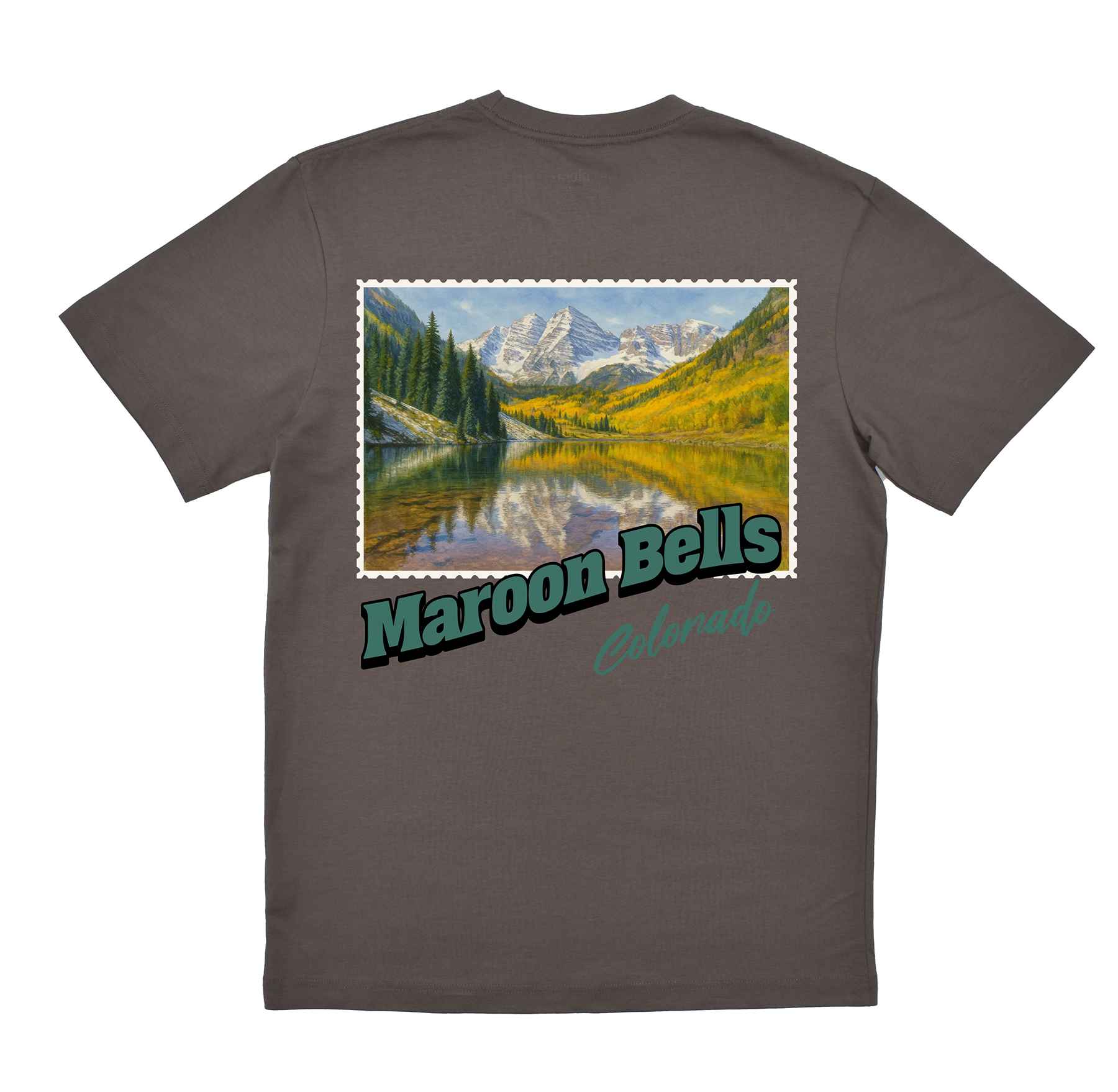 Gray t-shirt with a graphic of Maroon Bells, Colorado on a white background