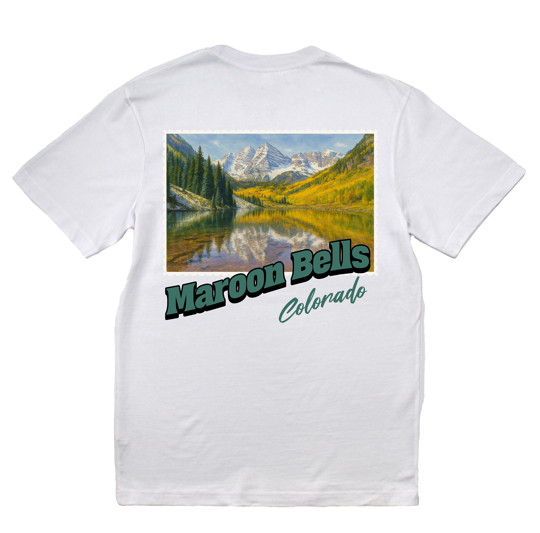 White t-shirt with a scenic print of Maroon Bells, Colorado on a white background