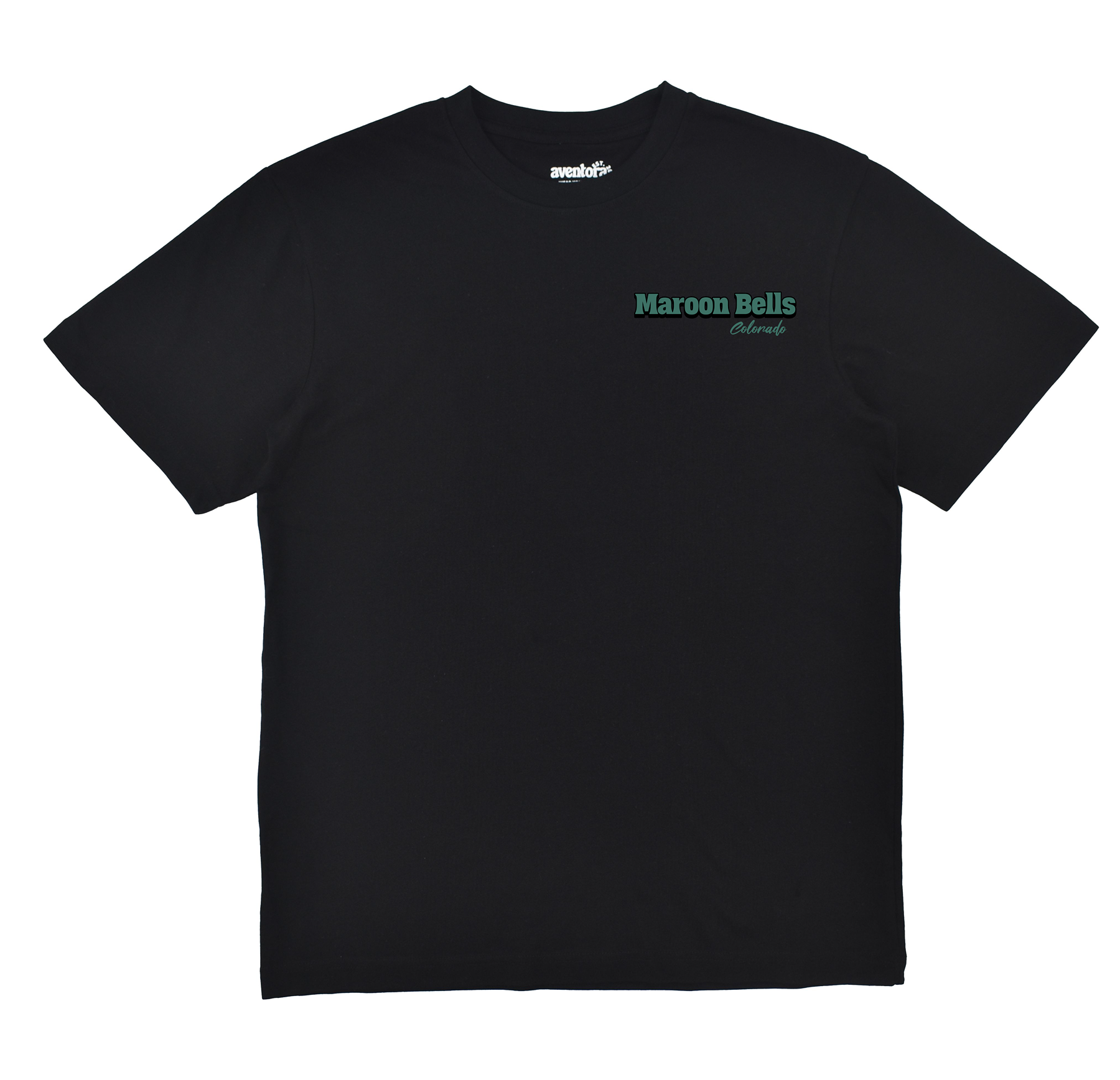 Black t-shirt with 'Maroon Bells' logo on a white background