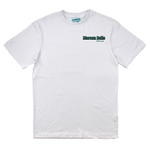 White t-shirt with a logo on a white background