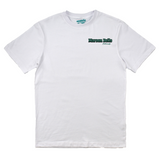 White t-shirt with a logo on a white background