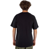 Person wearing a black t-shirt on a white background
