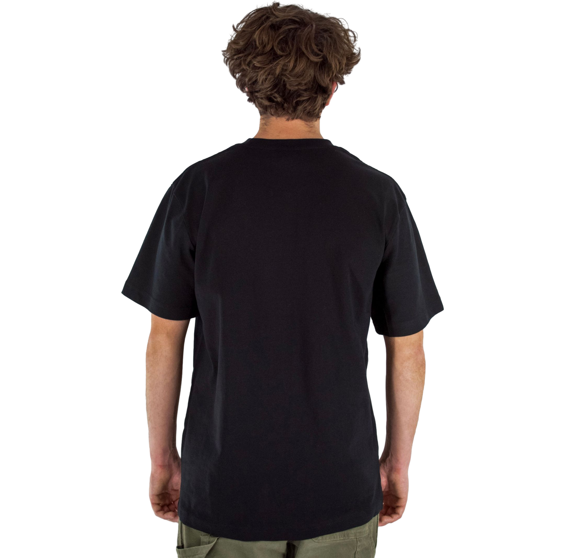 Person wearing a black t-shirt on a white background