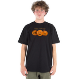 Person wearing a black t-shirt with Halloween design on a white background