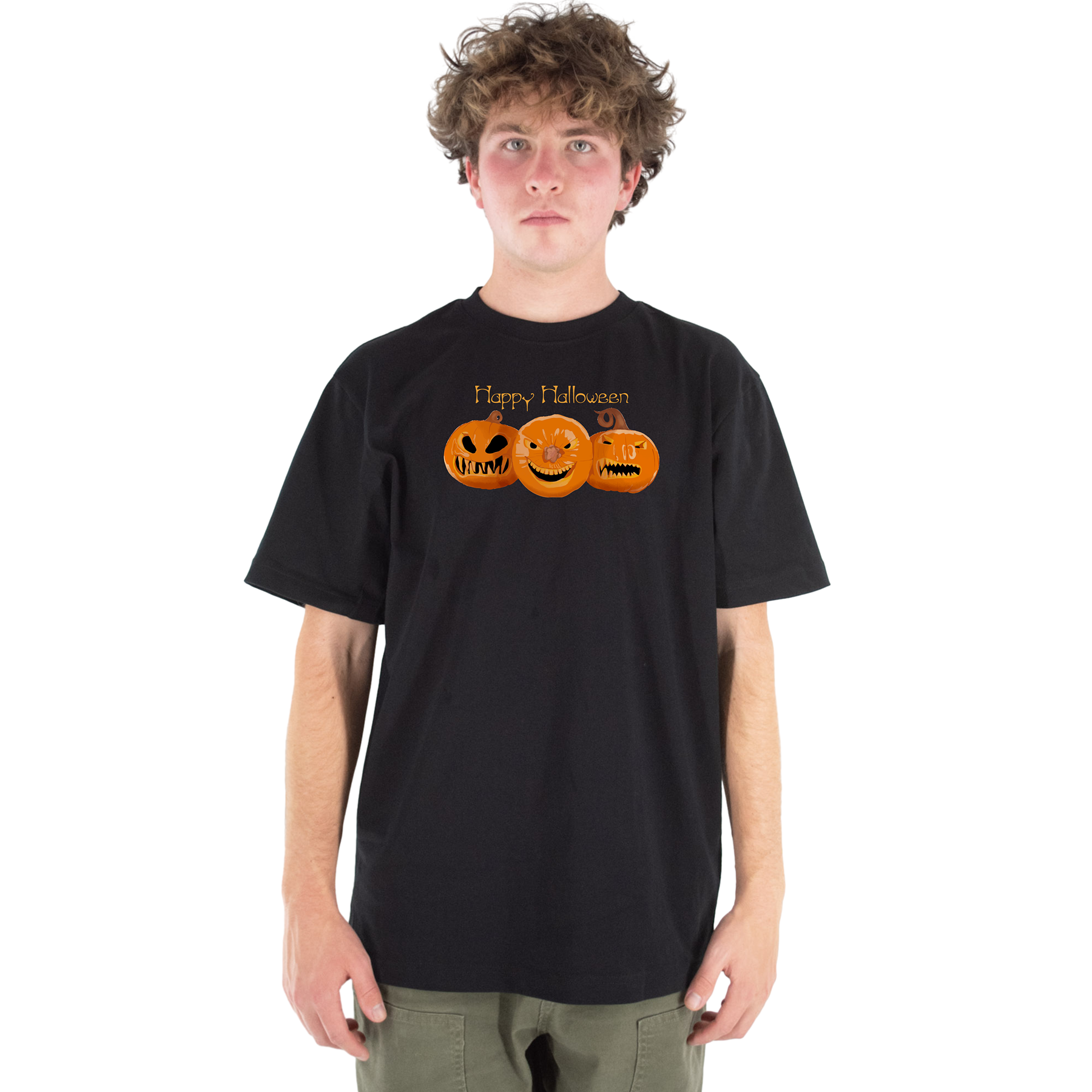 Person wearing a black t-shirt with Halloween design on a white background