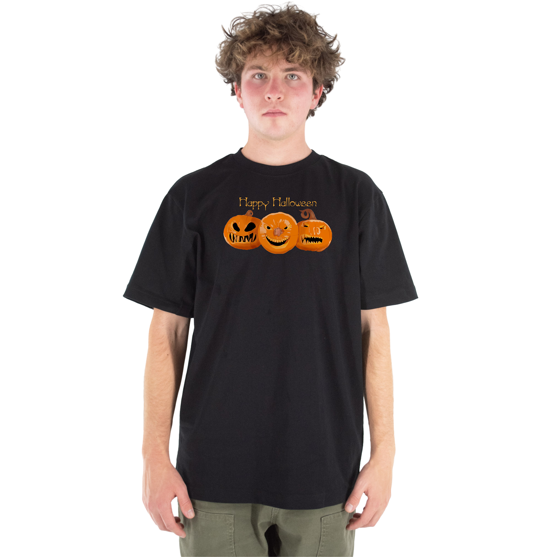Person wearing a black t-shirt with Halloween design on a white background
