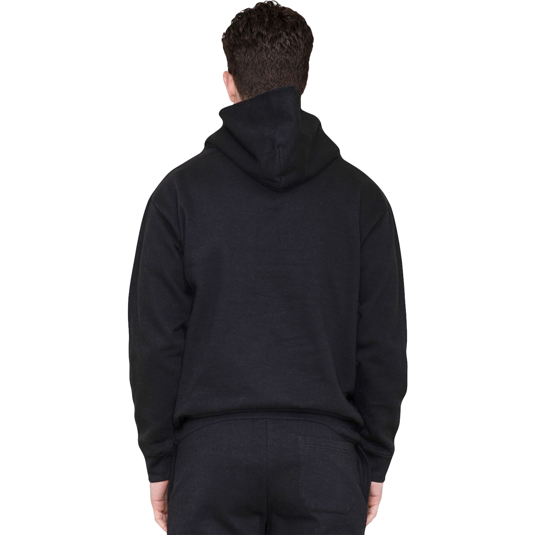 Person wearing a black hoodie from behind on a white background