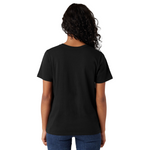 Person wearing a black t-shirt on a white background