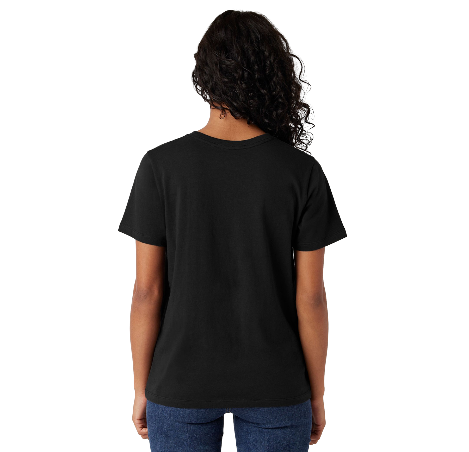 Person wearing a black t-shirt on a white background