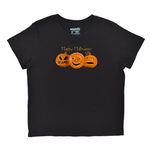 Black t-shirt with Halloween-themed pumpkins and 'Happy Halloween' text on a white background