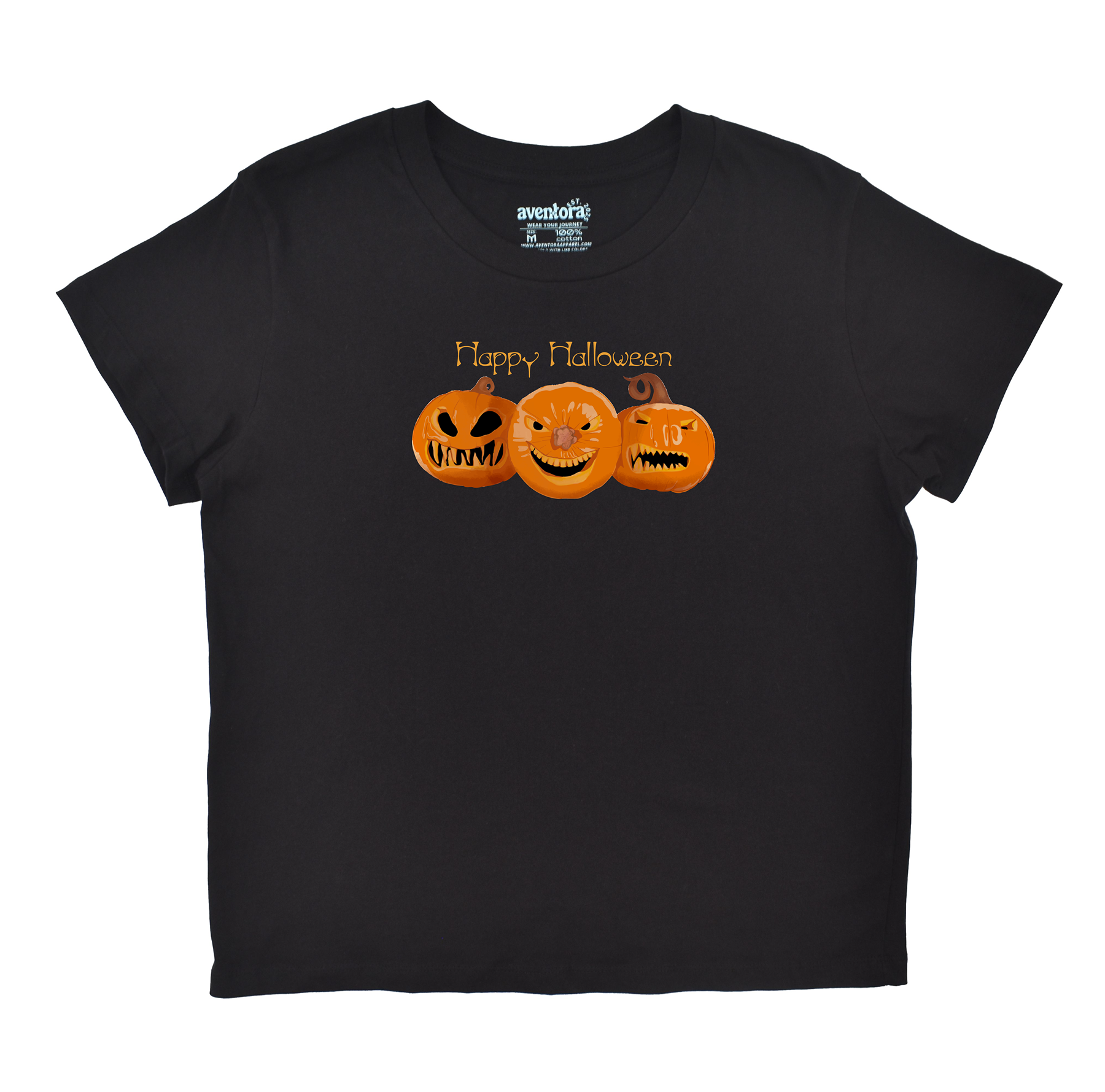 Black t-shirt with Halloween-themed pumpkins and 'Happy Halloween' text on a white background