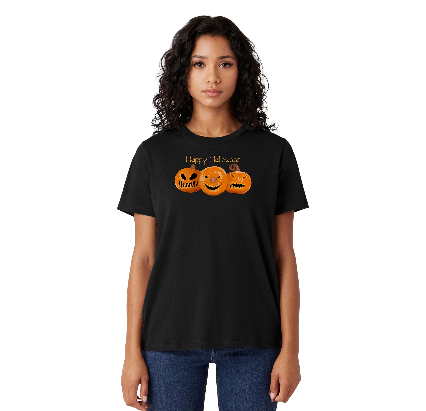 Woman wearing a black t-shirt with Halloween design on a white background
