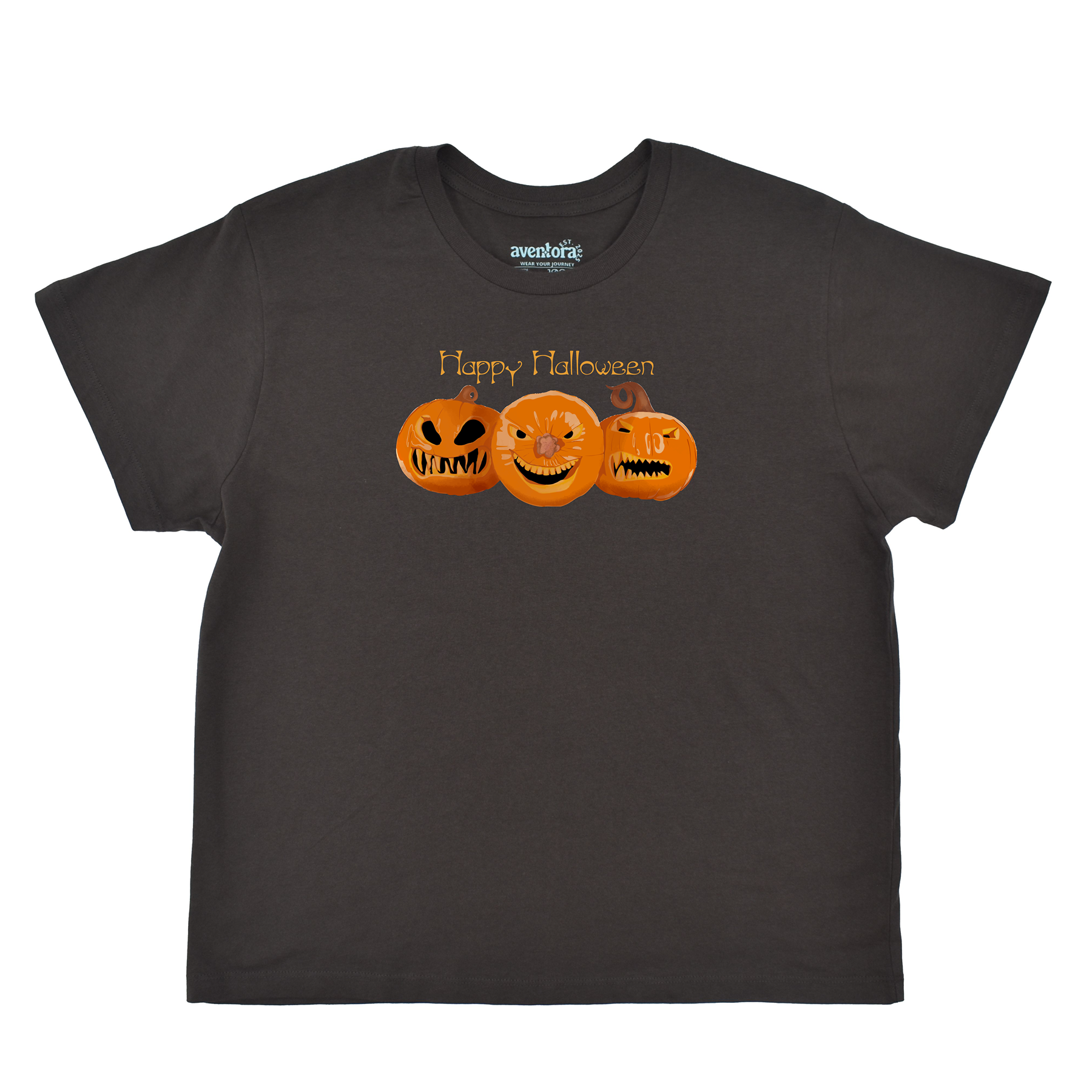 Black t-shirt with 'Happy Halloween' and pumpkin designs on a white background