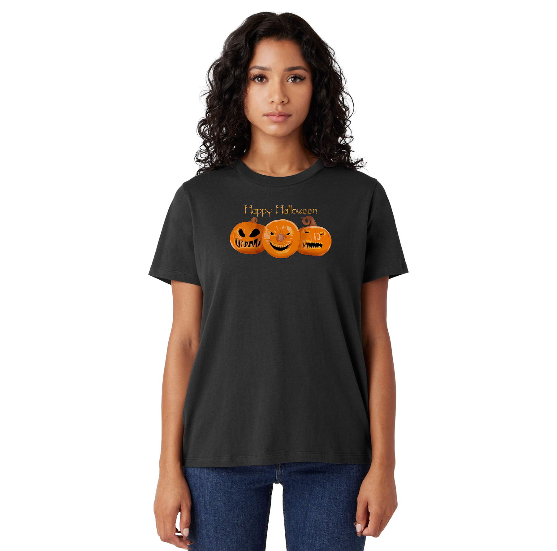 Woman wearing a black t-shirt with Halloween-themed design on a white background