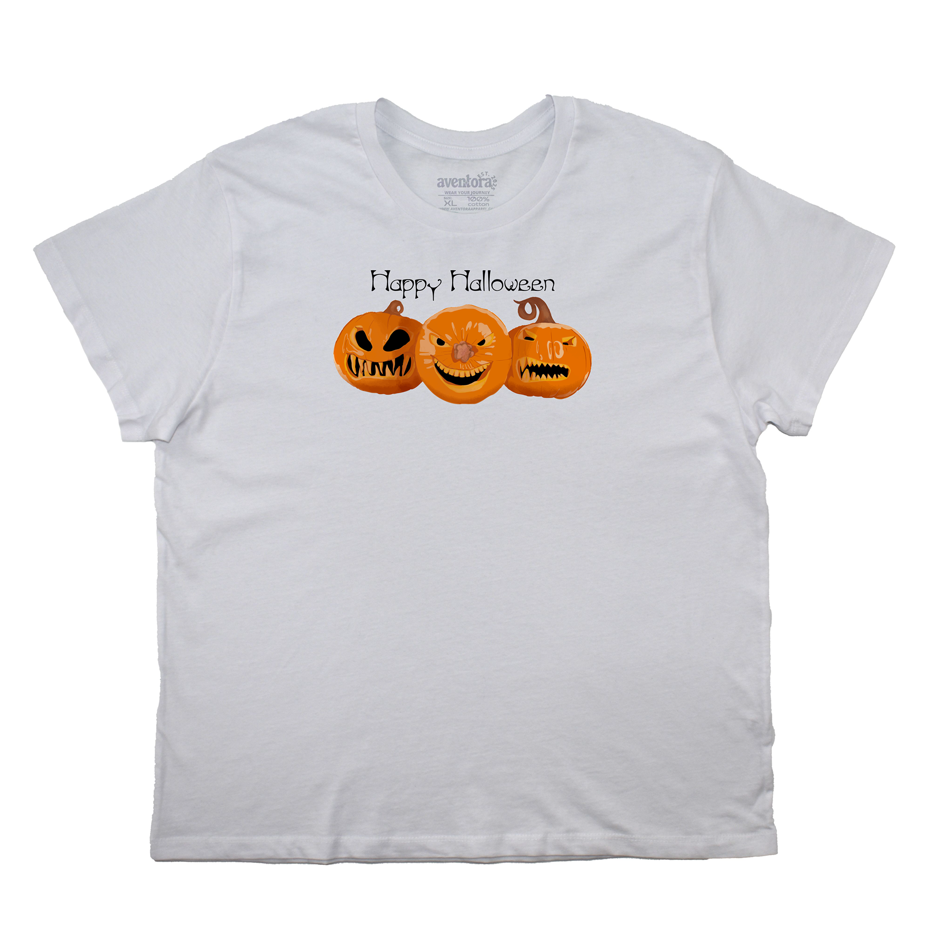 White t-shirt with 'Happy Halloween' text and pumpkin graphics on a white background
