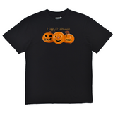 Black t-shirt with three jack-o'-lanterns and 'Happy Halloween' text on a white background