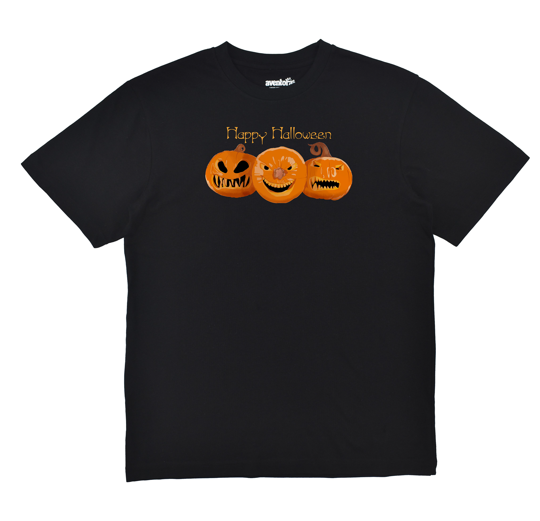 Black t-shirt with three jack-o'-lanterns and 'Happy Halloween' text on a white background