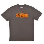 Gray t-shirt with Halloween-themed design of three jack-o'-lanterns and 'Happy Halloween' text on a white background.