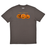 Gray t-shirt with Halloween-themed design of three jack-o'-lanterns and 'Happy Halloween' text on a white background.