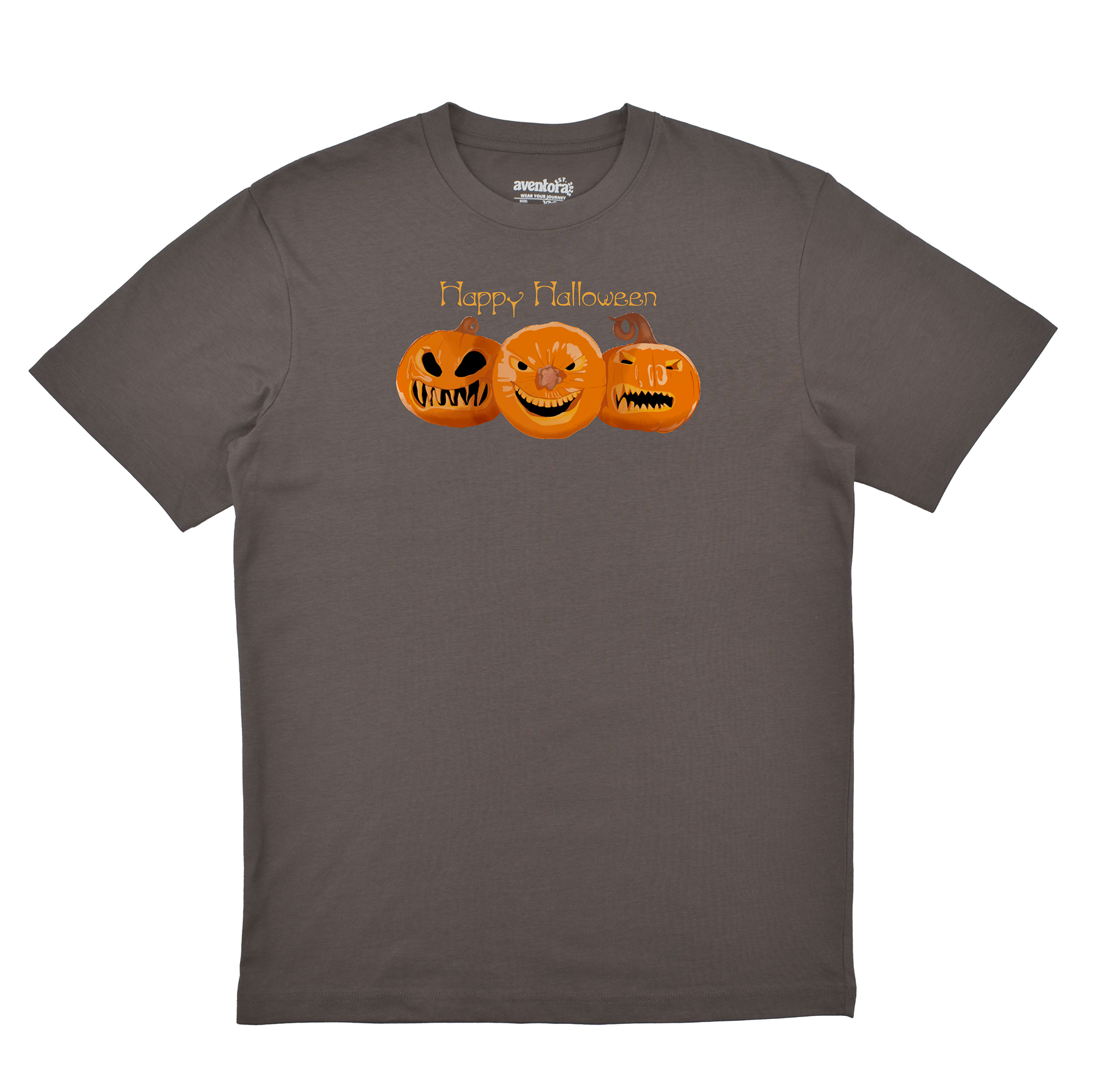 Gray t-shirt with Halloween-themed design of three jack-o'-lanterns and 'Happy Halloween' text on a white background.