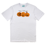 White t-shirt with Halloween-themed design of three jack-o'-lanterns and 'Happy Halloween' text on a white background.