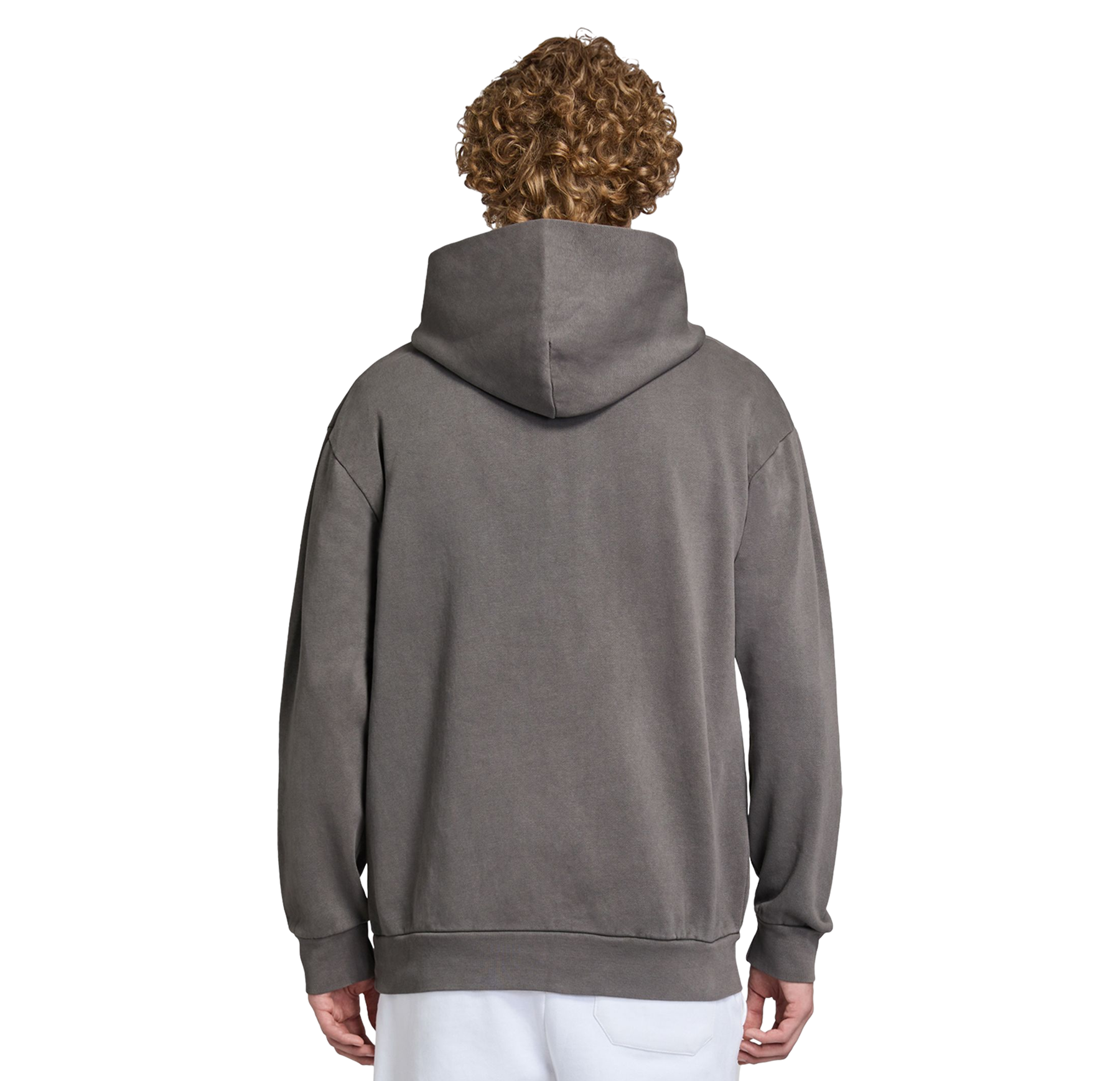 Person wearing a gray hoodie from behind on a white background