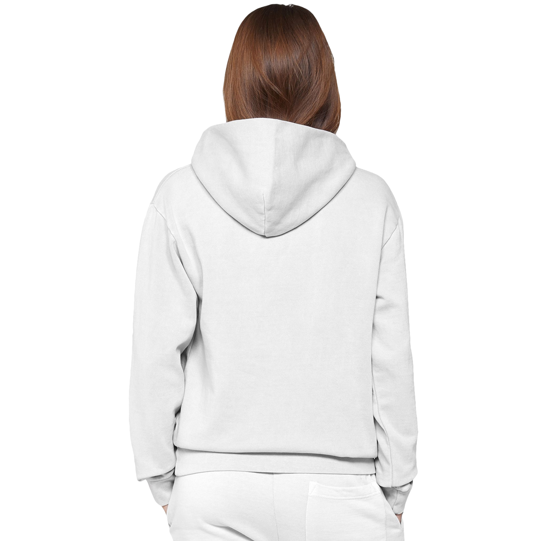Person wearing a light gray hoodie on a white background