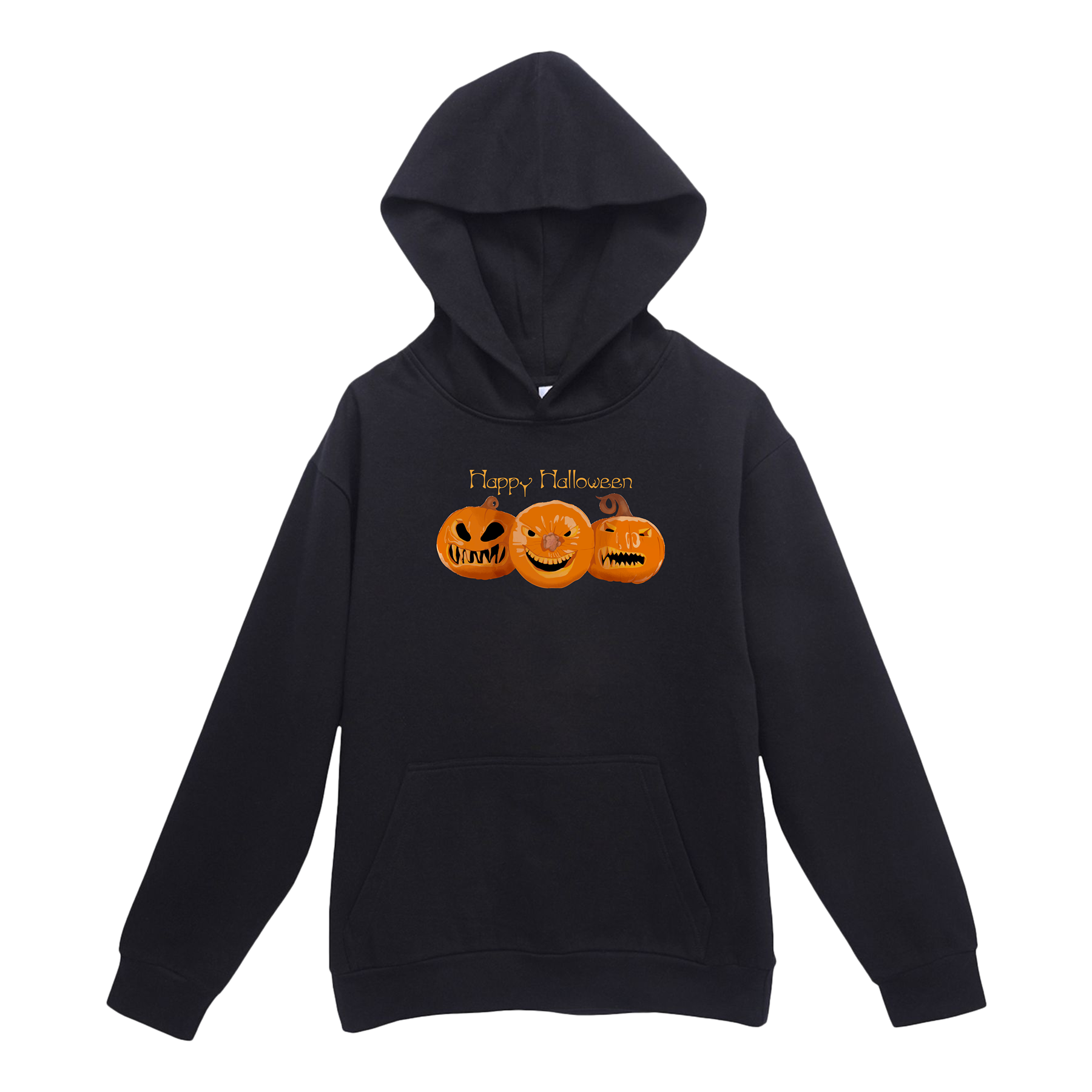 Black hoodie with Halloween-themed design on a white background