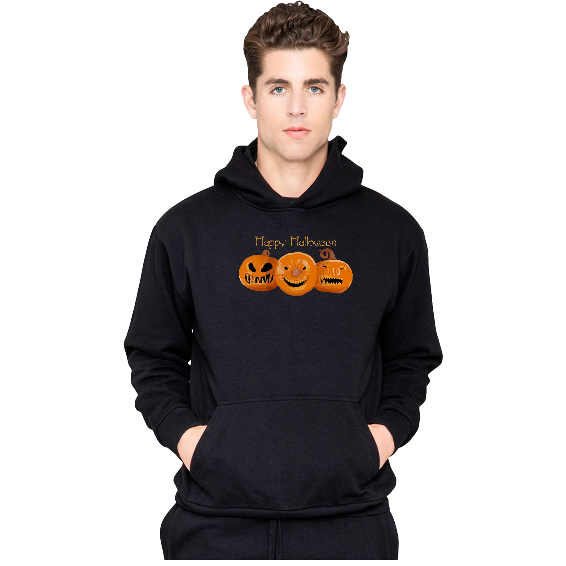 Person wearing a black hoodie with Halloween-themed design on a white background