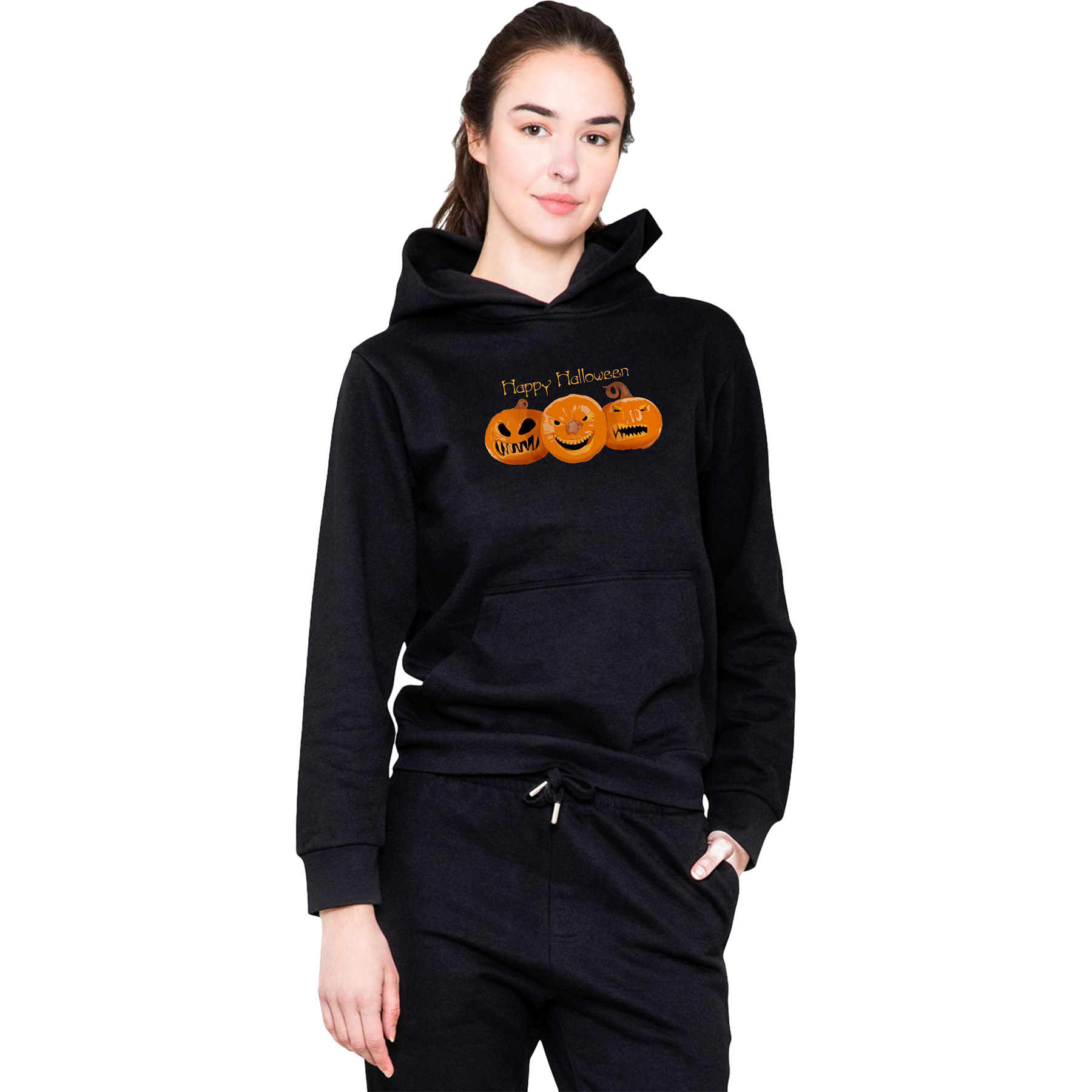 Person wearing a black hoodie with Halloween-themed design on a white background