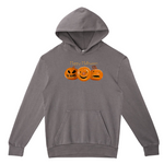 Gray hoodie with 'Happy Halloween' and pumpkin design on a white background